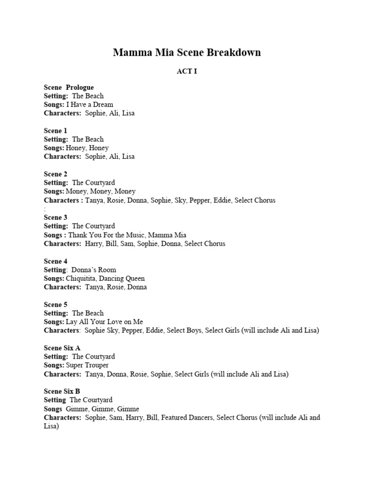Mamma Mia Scene Breakdown Guide | PDF