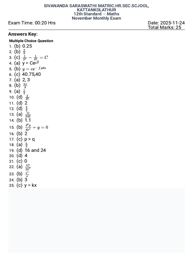 12 TH Maths Key | PDF