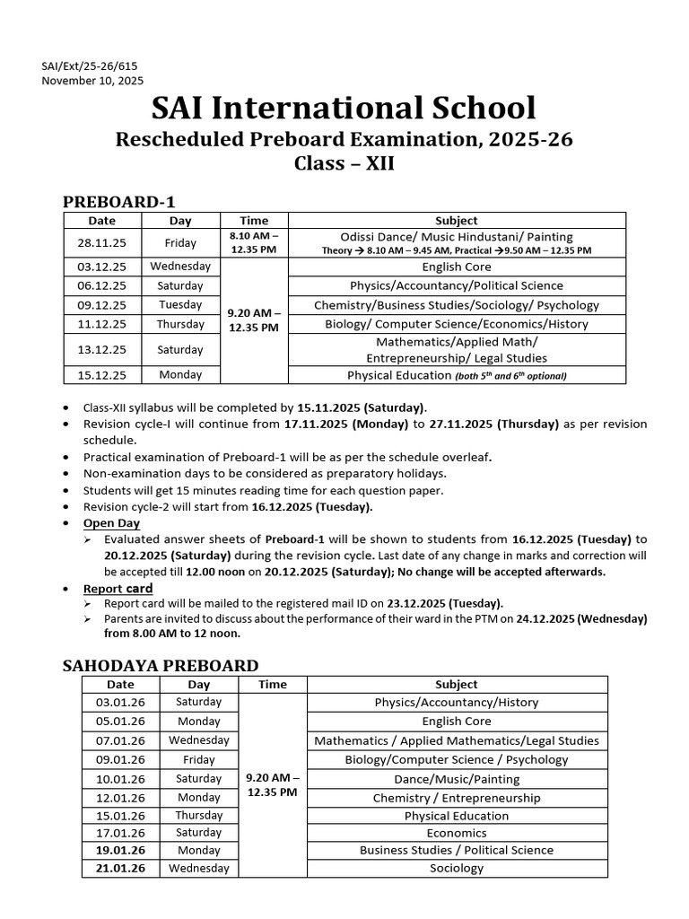 Revised Class XII Preboard Exam Schedule 2025-26 | PDF | Science