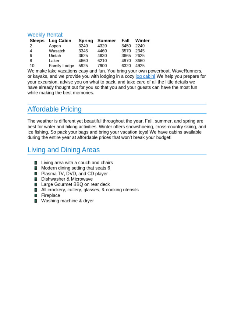 Year-Round Log Cabin Rentals | PDF