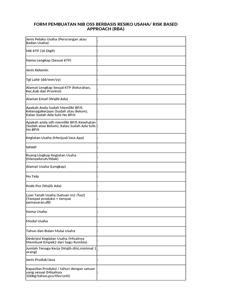 Formulir NIB OSS untuk Usaha Baru | PDF