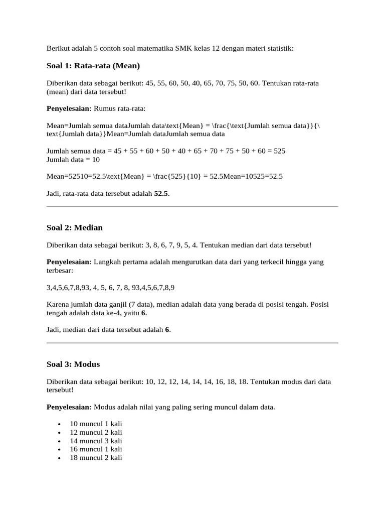 Soal Statistik SMK Kelas 12: Rata-rata, Median, Modus | PDF