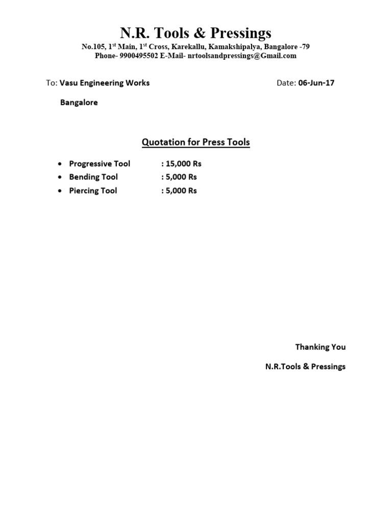 Quotation for Press Tools from N.R. Tools | PDF