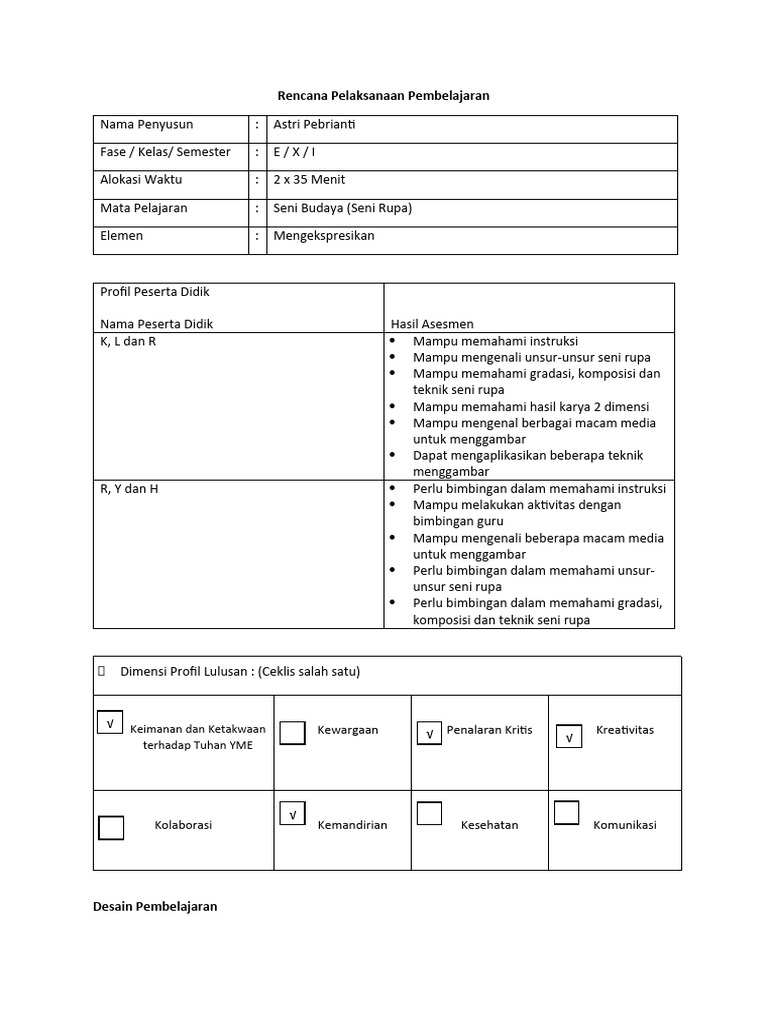 RPP Seni Rupa: Menggambar 2 Dimensi | PDF