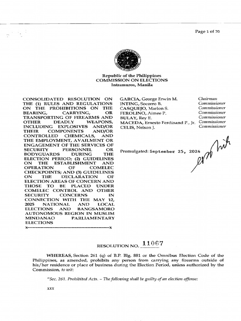 COMELEC Resolution No. 11067 s.2024 Gun Ban | PDF