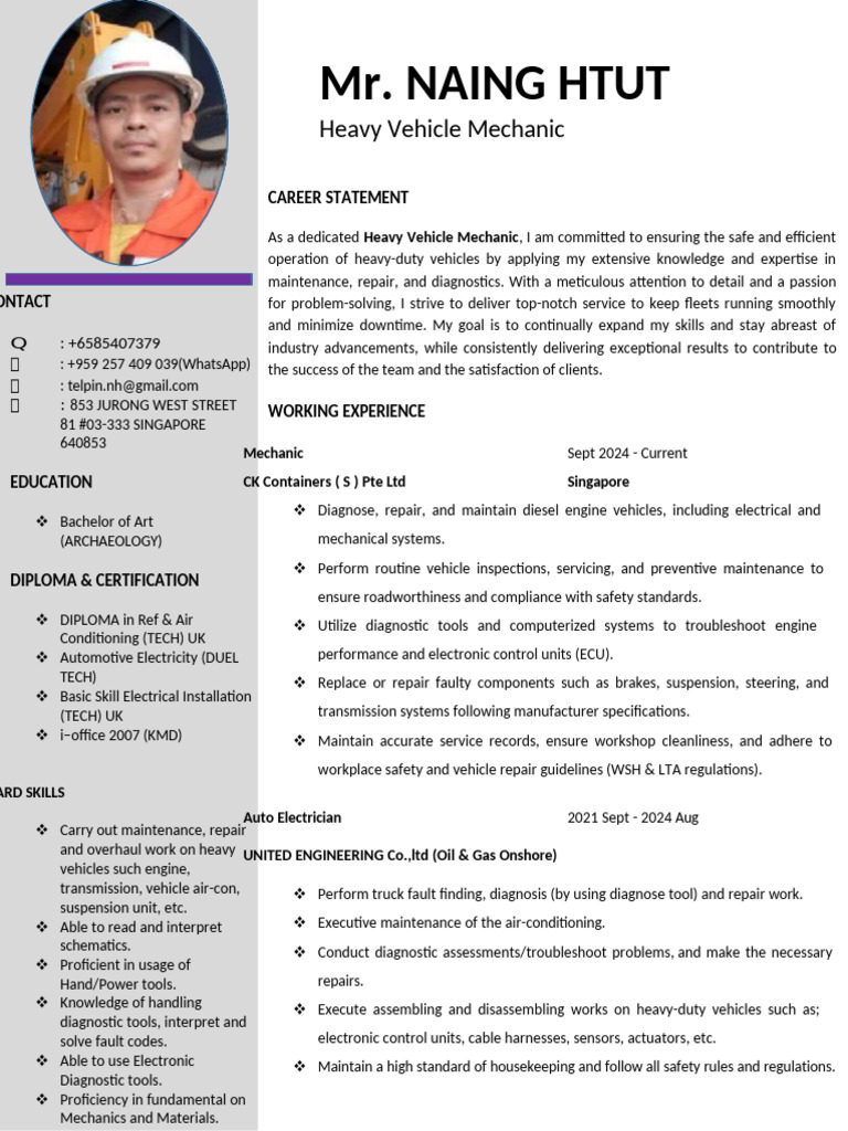 Heavy Vehicle Mechanic Resume Overview | PDF | Auto Mechanic