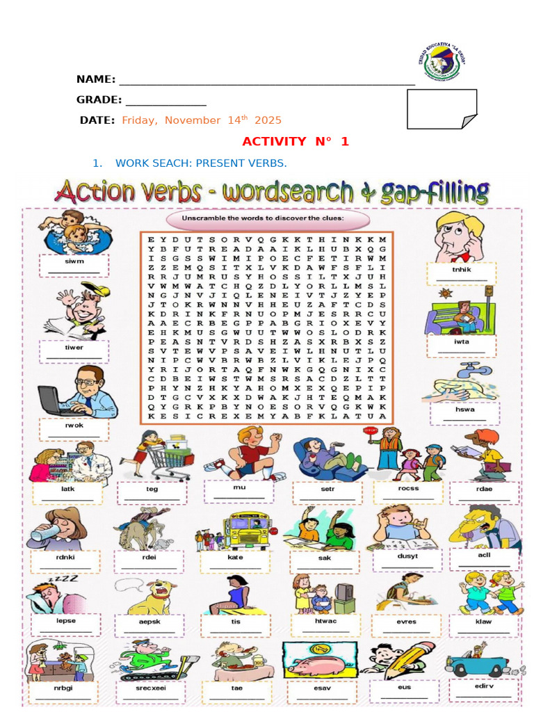 Present Verbs Work Search Activity | PDF
