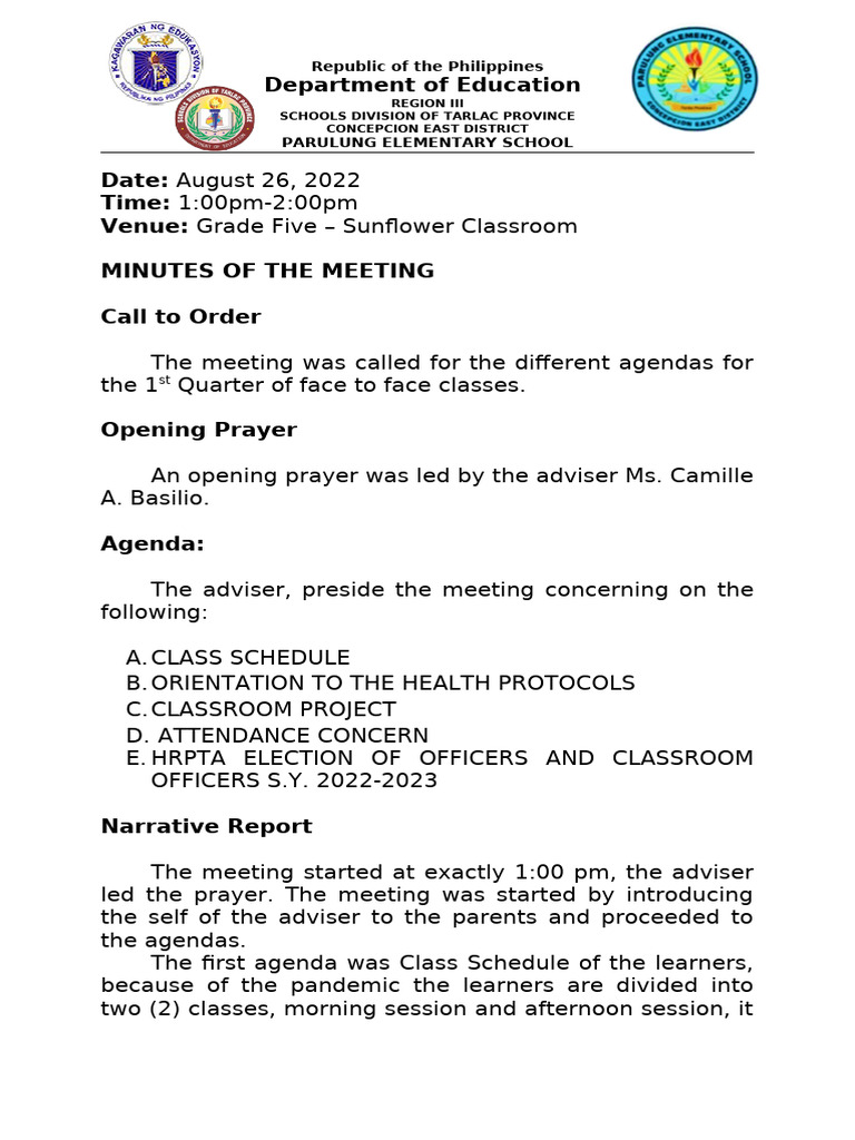 Parulung Elementary School Meeting Minutes | PDF | Learning
