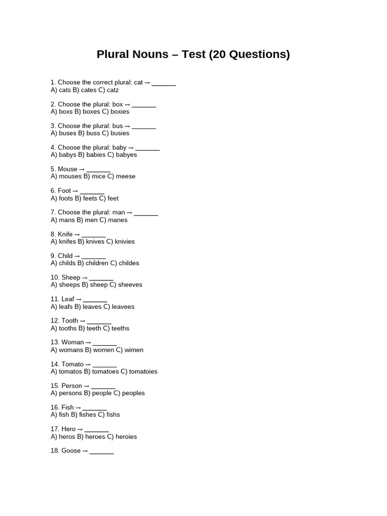 Plural Nouns Test | PDF