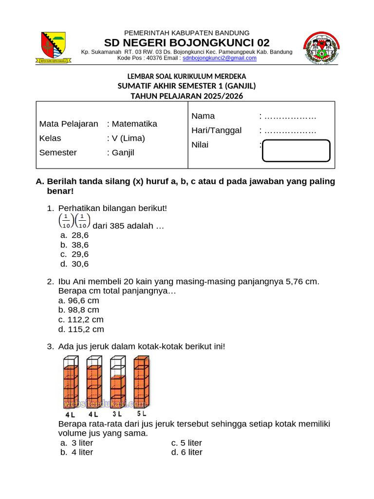 Soal Matematika Kelas V Kurikulum Merdeka | PDF