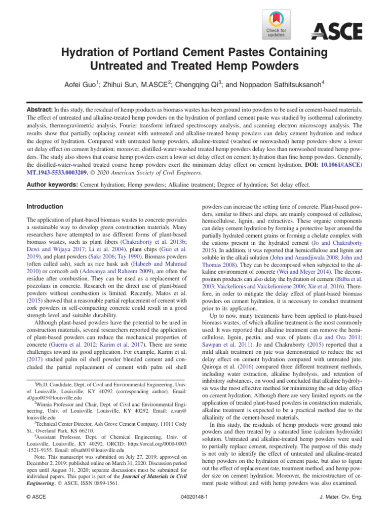 Guo Et Al 2020 Hydration of Portland Cement Pastes Containing Untreated ...