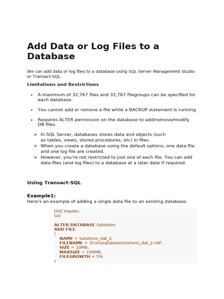 Add Data and Log Files in SQL Server | PDF | Microsoft Sql Server ...