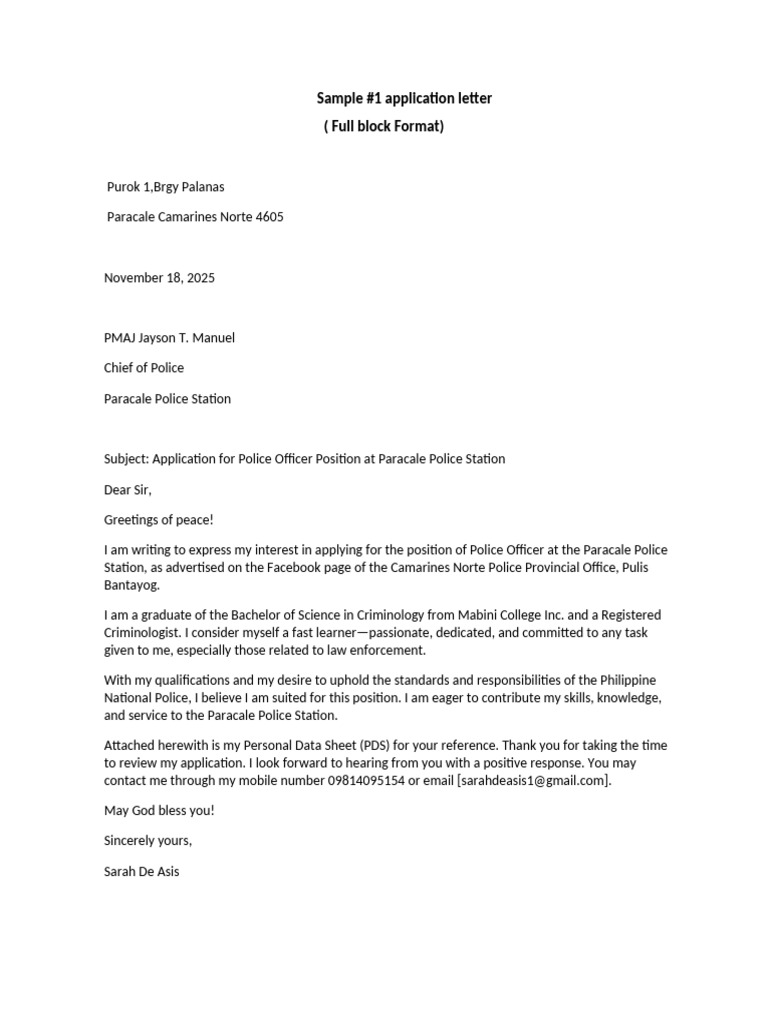 Police Officer Application Letter Template | PDF | Crimes | Crime ...