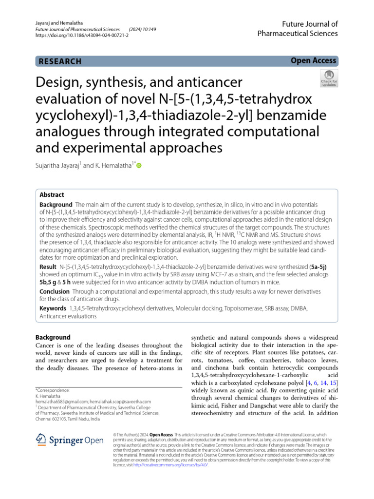 Design, synthesis, and anticancer evaluation of novel N ‑[5 ‑(1 ,3, 4,5 ...