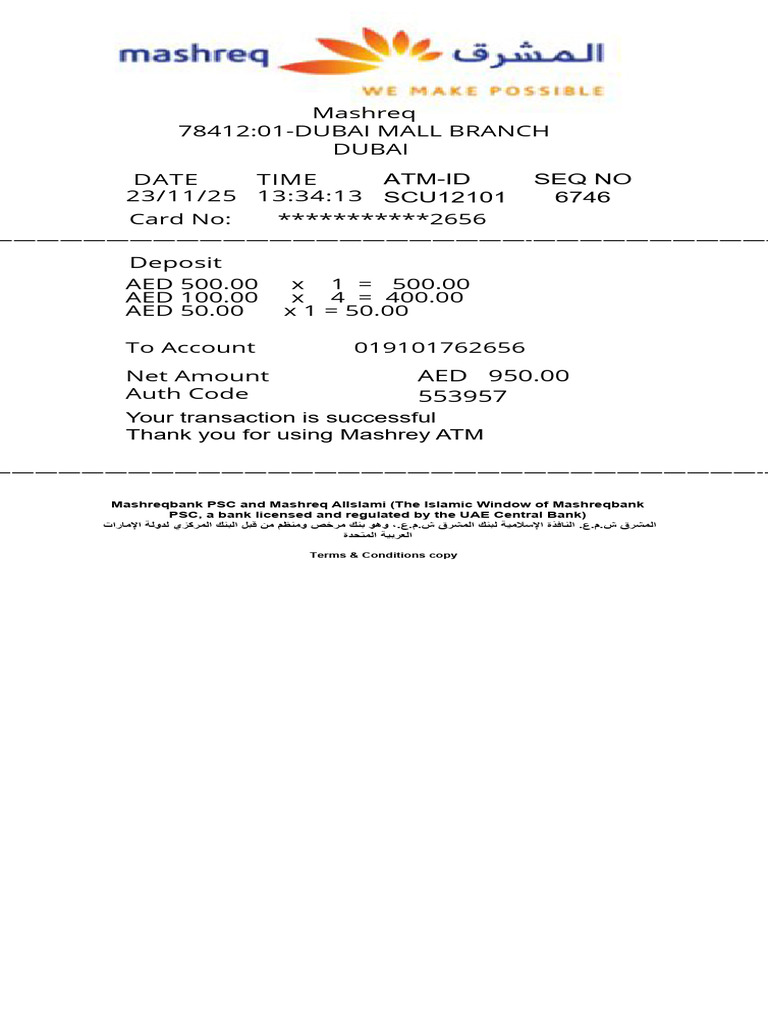 Successful ATM Deposit Receipt | PDF