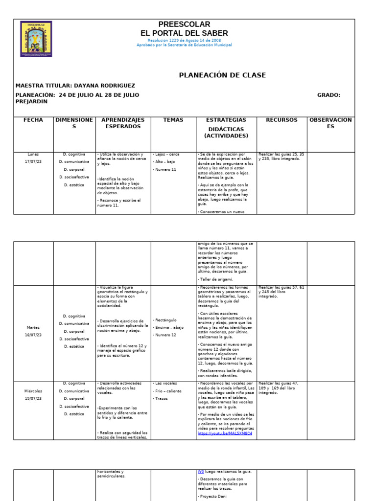 Planeación Prejardín Semana Del 24 Al 28 de Julio | PDF