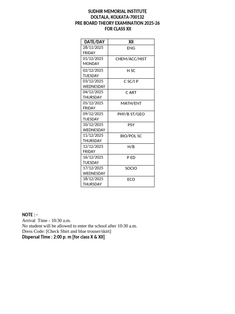Exam Schedule Pre Board Theory Exam For Xii | PDF
