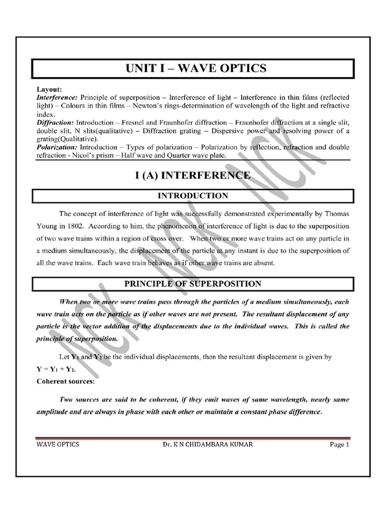 Svce Ep Unit I Wave Optics Nol For Students | PDF