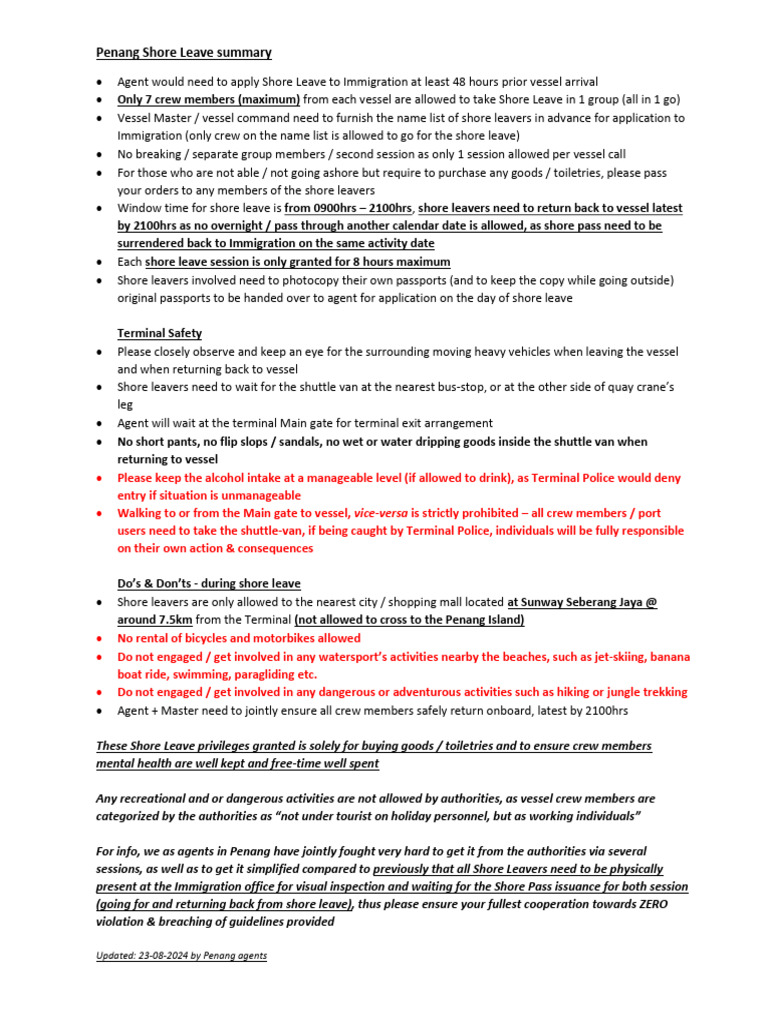 Penang Shore Leave Guidelines for Crew | PDF