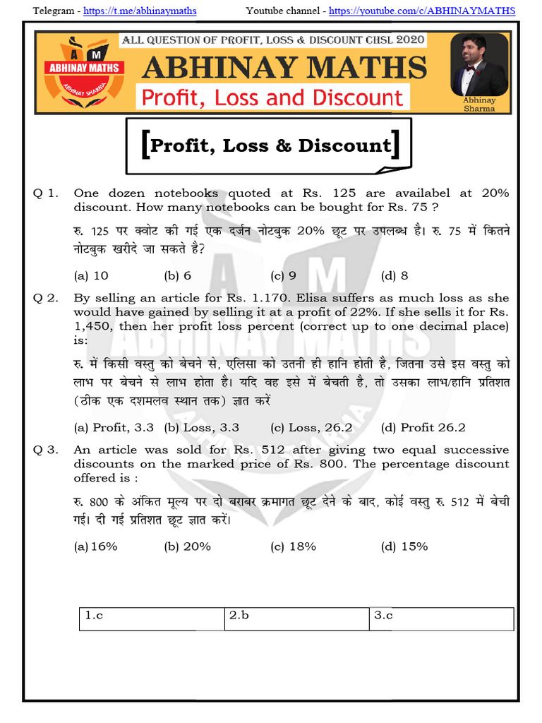 Profit, Loss & Discount Practice Questions | PDF | Prices | Percentage