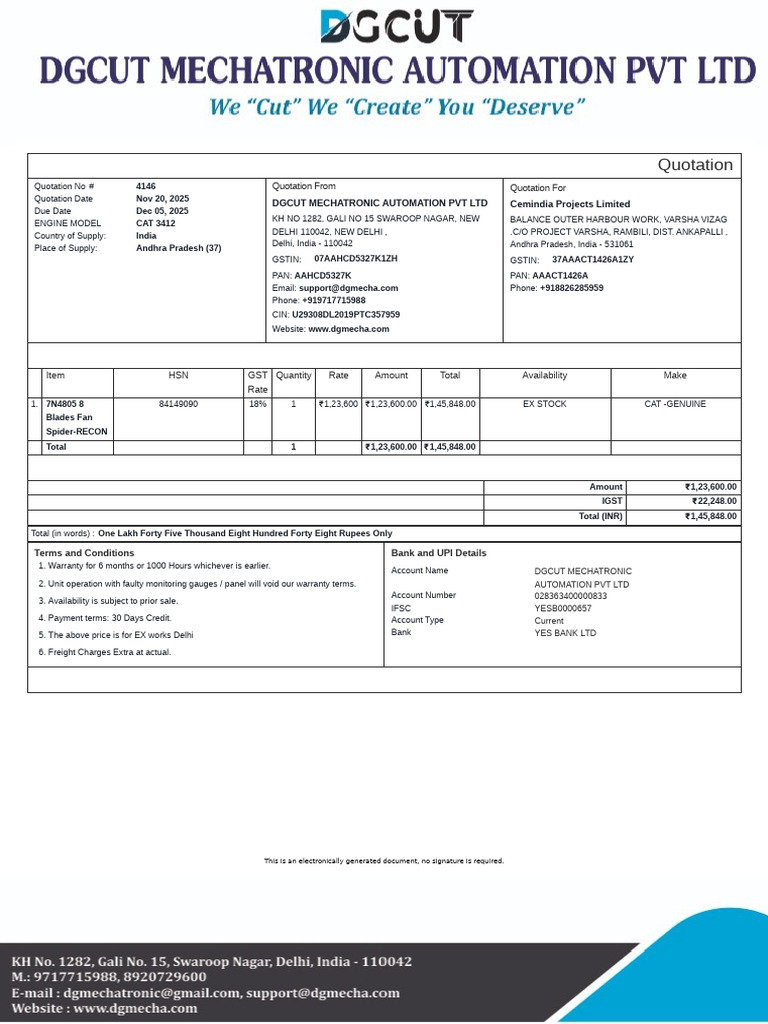 Quotation 4146 Dgcut Mechatronic Automation PVT LTD Cemindia Projects ...