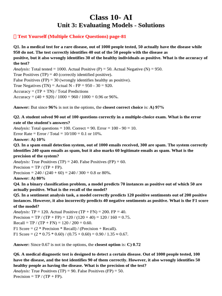 Class 10 AI Model Evaluation Solutions | PDF | Accuracy And Precision ...