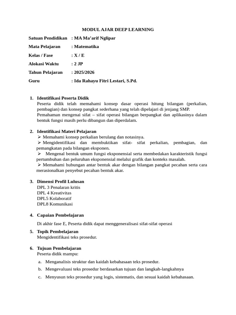 Modul Ajar Deep Learning Matematika X | PDF