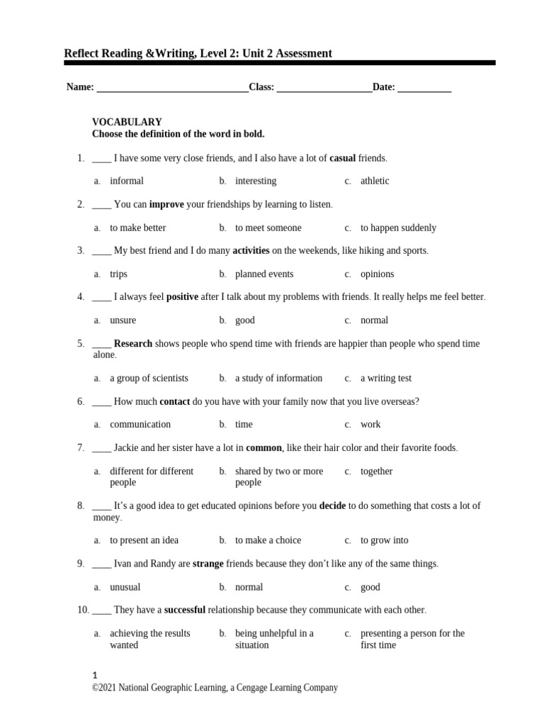 Reflect Ev RW L2u2 Test 0 | PDF | Vocabulary | Communication