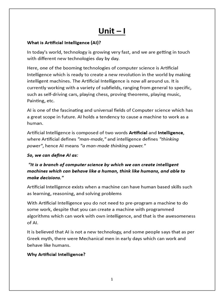 AI Notes Unit-1 | PDF | Artificial Intelligence | Intelligence (AI ...