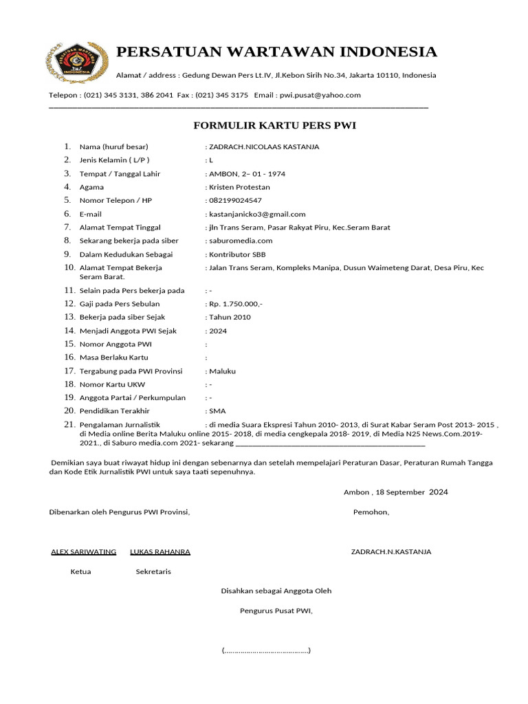 Form PWI Maluku 2024 | PDF