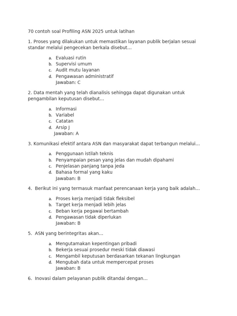 70 Contoh Soal Profiling ASN 2025 Untuk Latihan | PDF