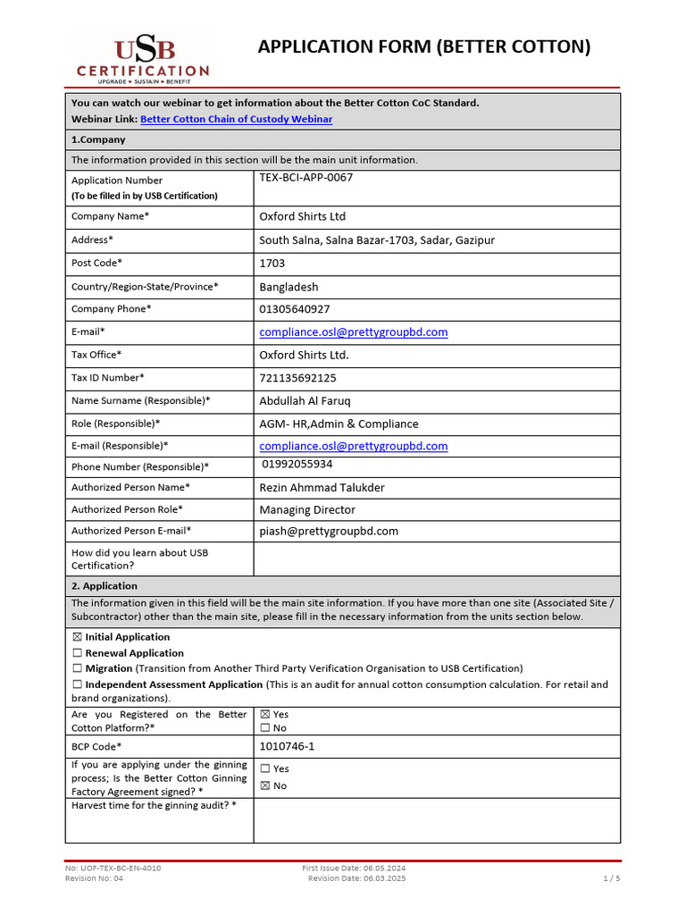 Aplication Form (Better Cotton) .Oxford Shirts Ltd.2025 | PDF