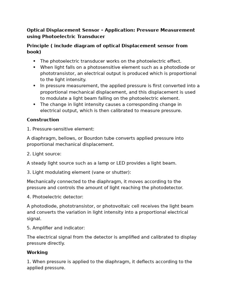 Optical Displacement Sensor for Pressure Measurement | PDF | Pressure ...