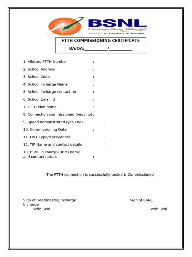 FTTH Commissioning Certificate Template | PDF