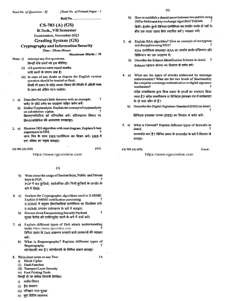 Cs 703 A Cryptography and Information Security Nov 2023 | PDF