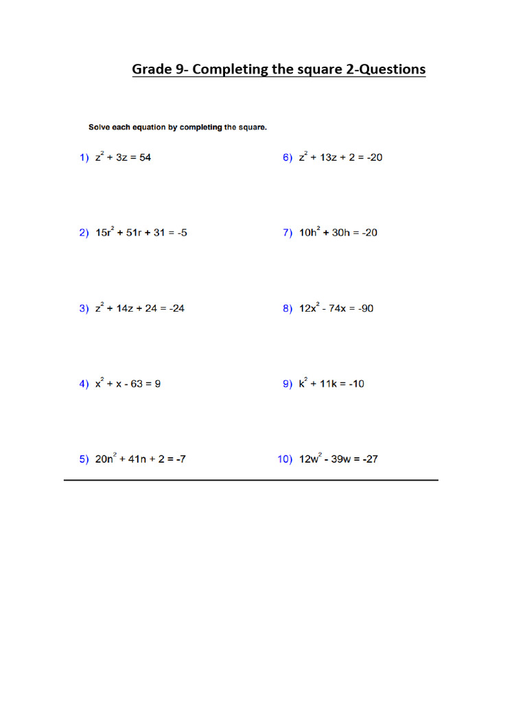 Grade 9-Completing The Square - 2-Ques | PDF