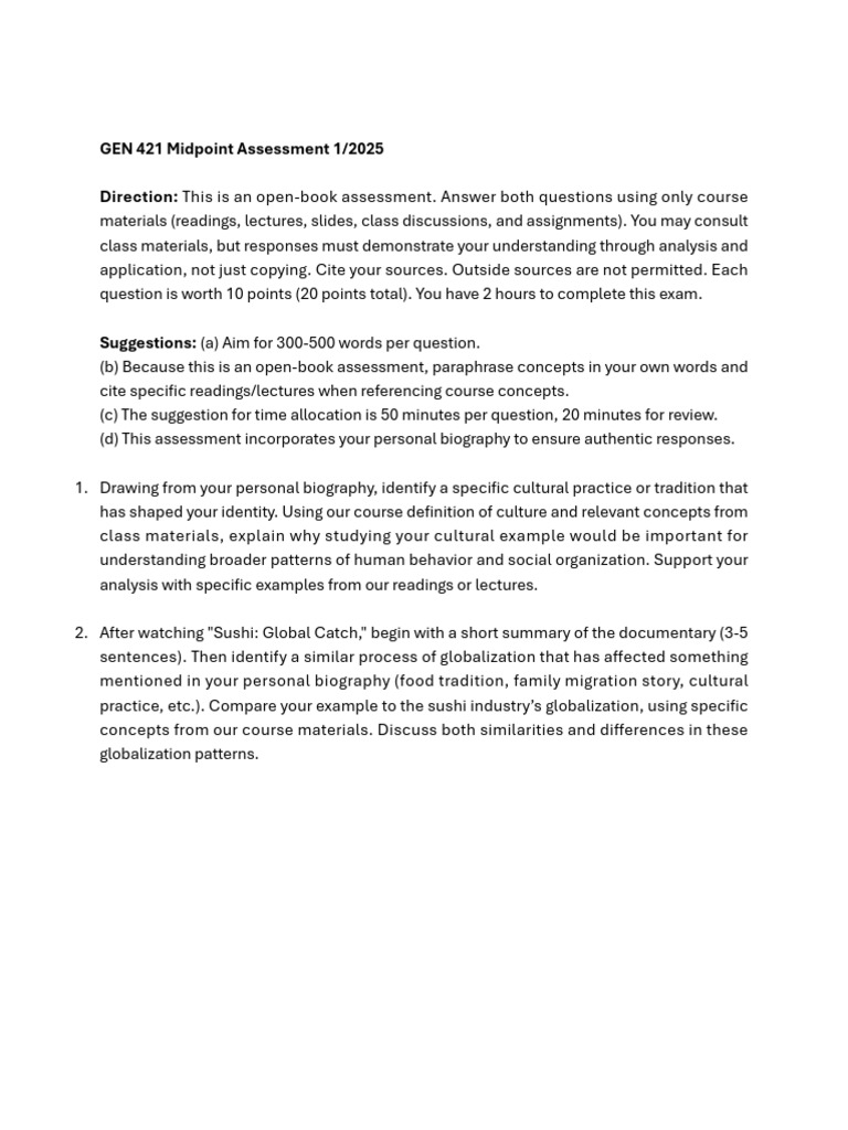 GEN 421 Midpoint Assessment 1.2025 | PDF