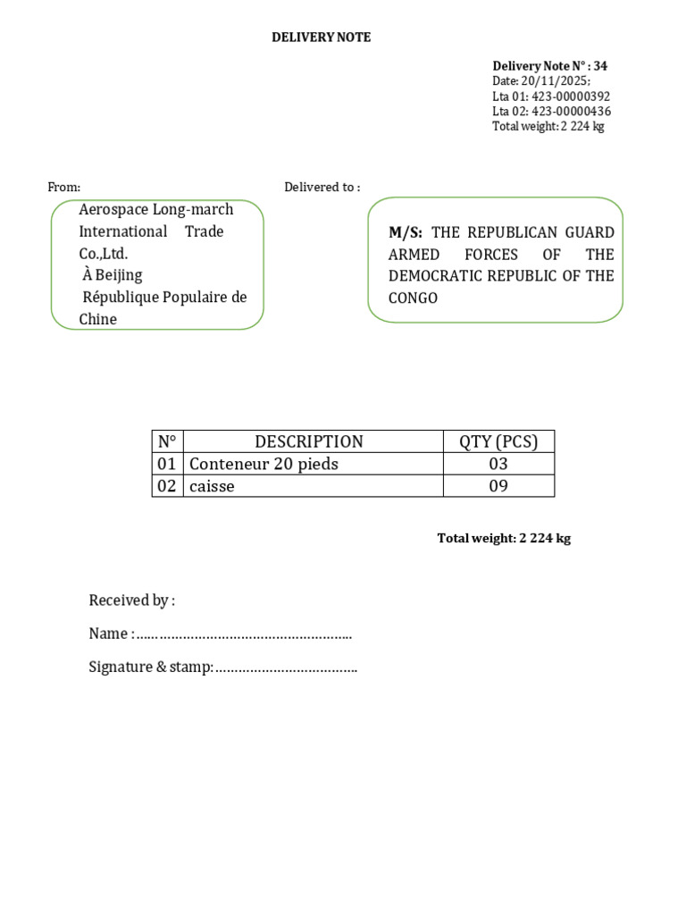 Delivery Note for Aerospace Shipment | PDF