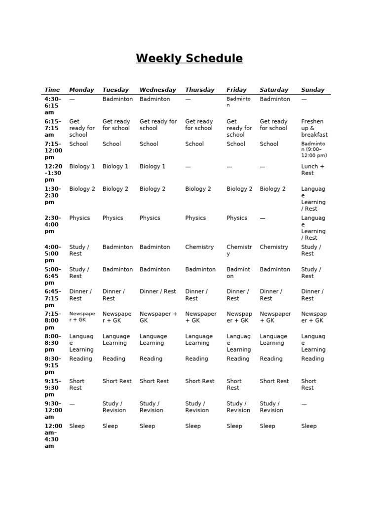 Weekly Study and Activity Schedule | PDF