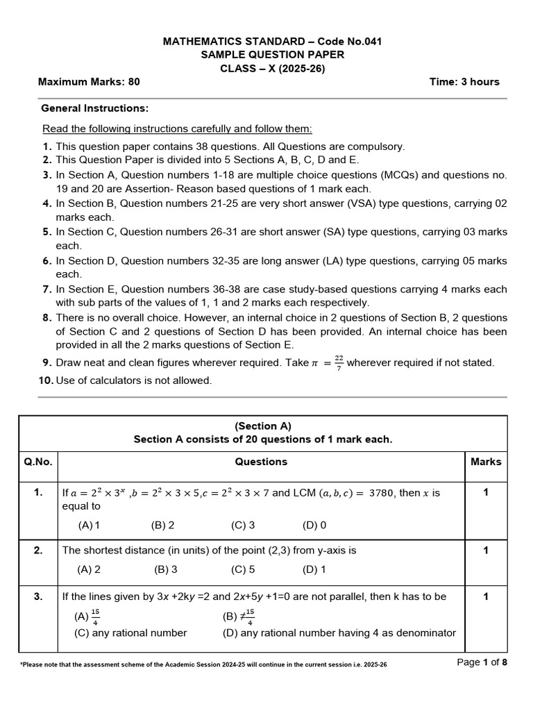 Class X Mathematics Sample Paper 2025-26 | PDF | Circle | Area