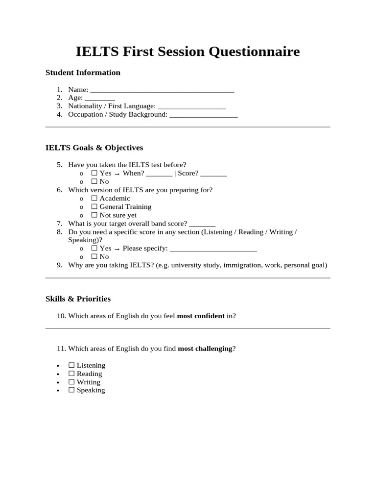 IELTS Preparation Student Questionnaire | PDF