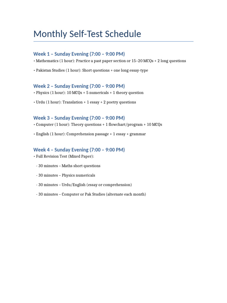 Monthly Study Self-Test Plan | PDF