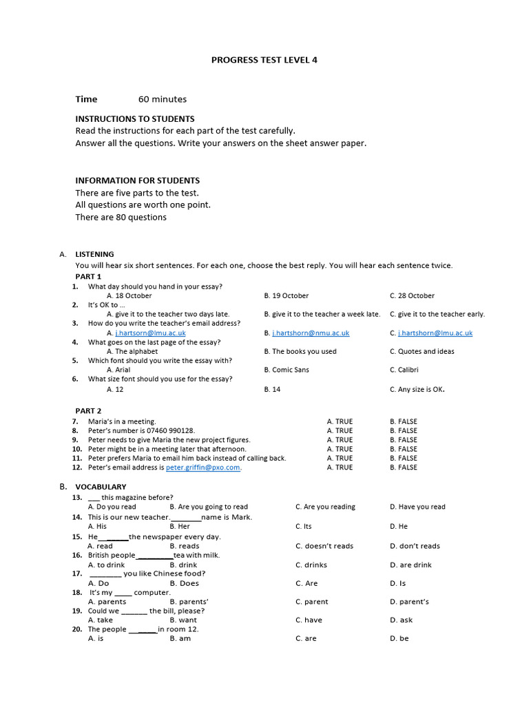 Level 4 Progress Test Instructions | PDF