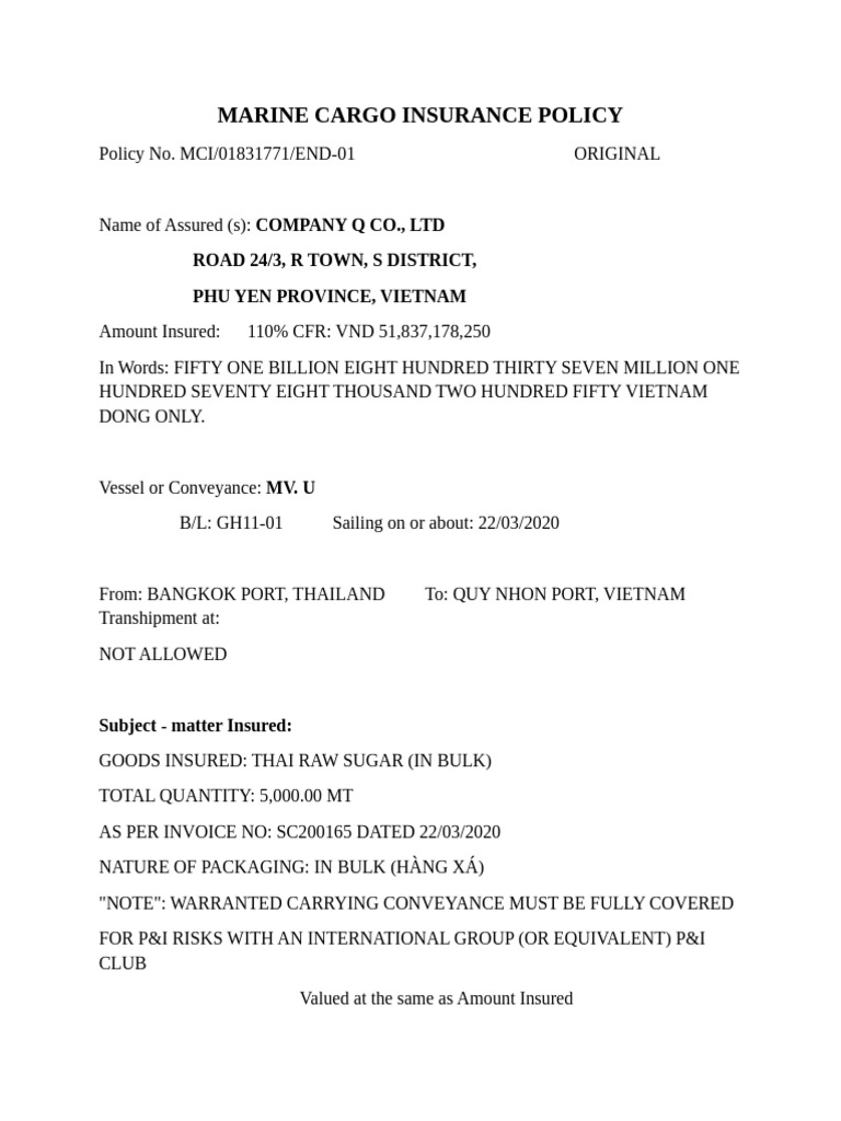 Marine Cargo Insurance Policy | PDF