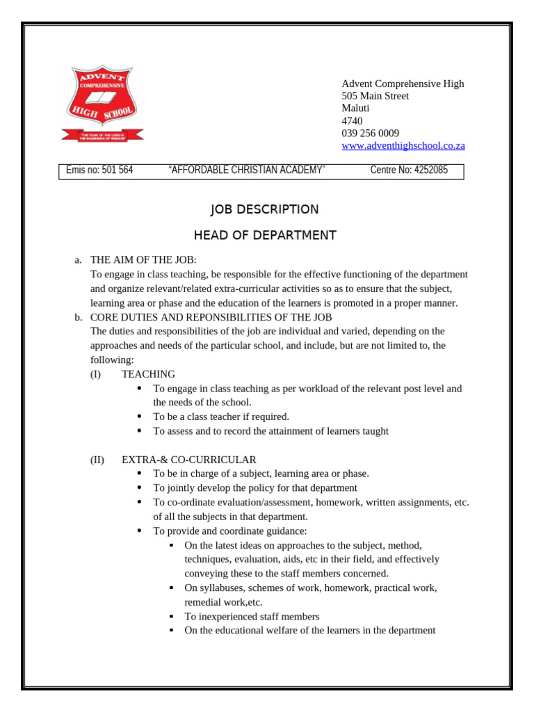 Head of Department Job Description | PDF | Teachers | Learning