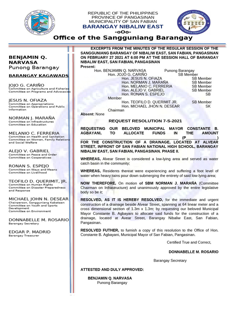 San Fabian Barangay Session Minutes | PDF