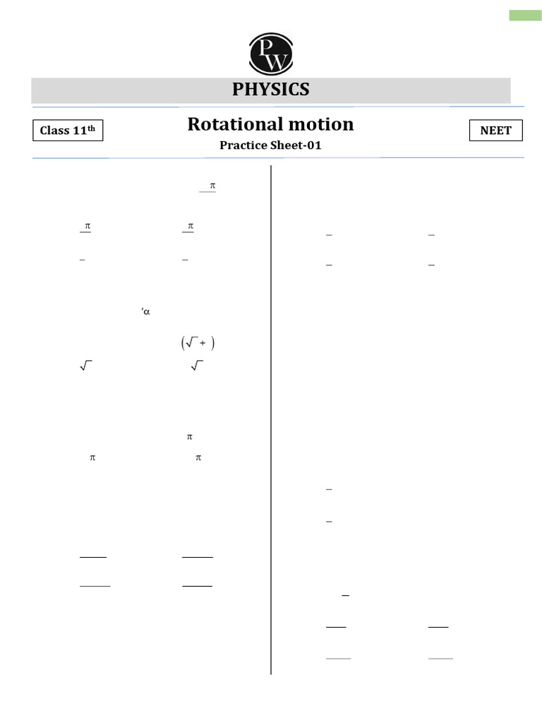 Practice Sheet 01 Rotational Motion 11th NEET Physics Varun Sir | PDF ...