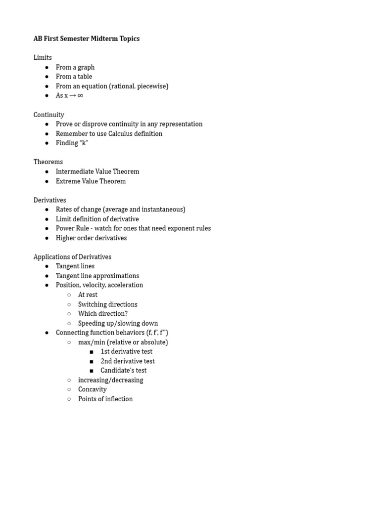AB Calculus Midterm Study Guide | PDF