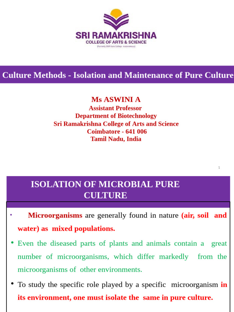 Culture Methods - Isolation and Maintenance of Pure Culture | PDF ...