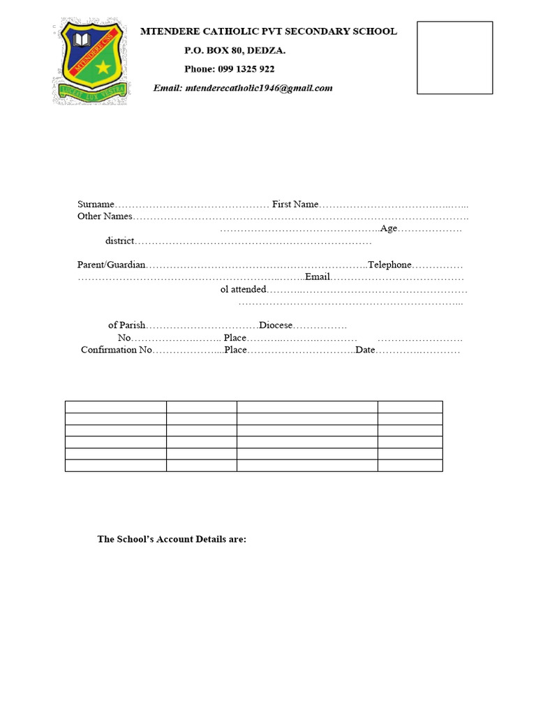 2025 Form One Application - Mtendere School | PDF